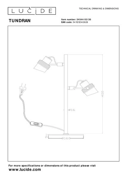 Lucide TUNDRAN - Tafellamp - 2xGU10 - Zwart - technisch